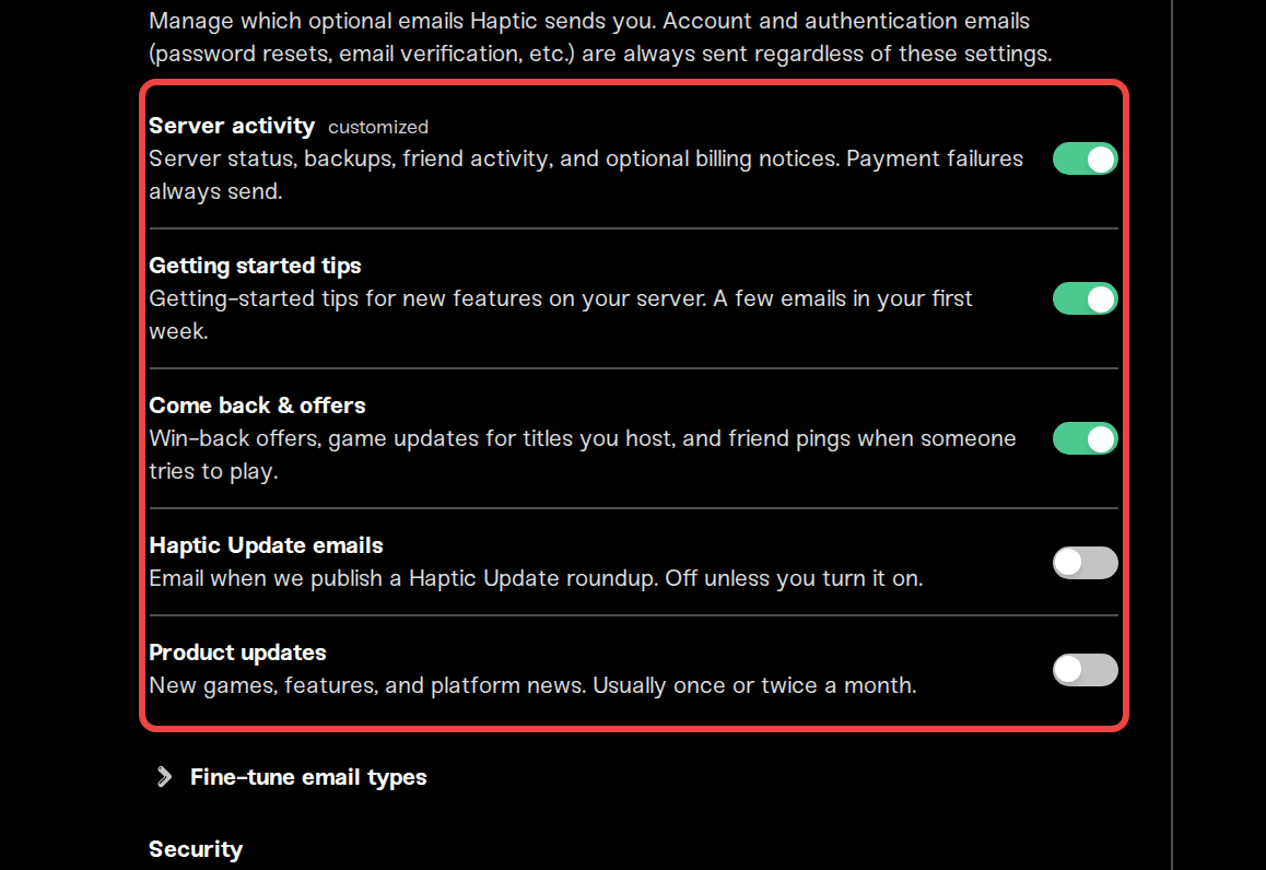 The five main email toggles The five main email toggles