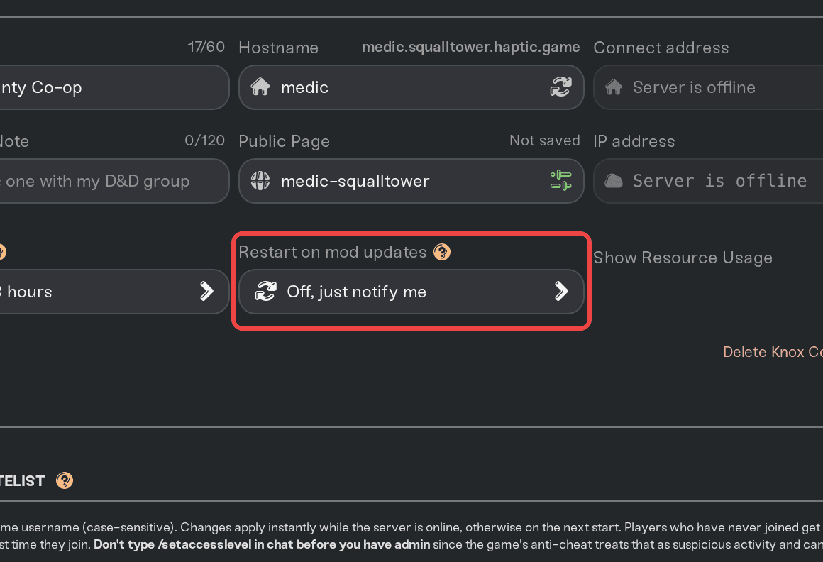 The Restart on mod updates dropdown next to Auto Restart The Restart on mod updates dropdown next to Auto Restart