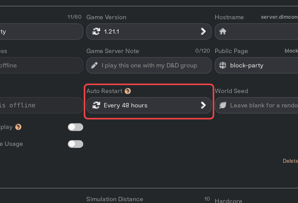 The Auto Restart field in the expanded Overview settings