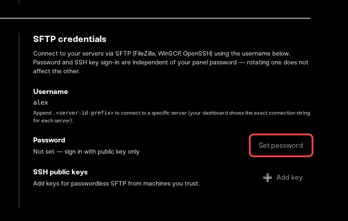 SFTP credentials section in account settings with the Set password button SFTP credentials section in account settings with the Set password button