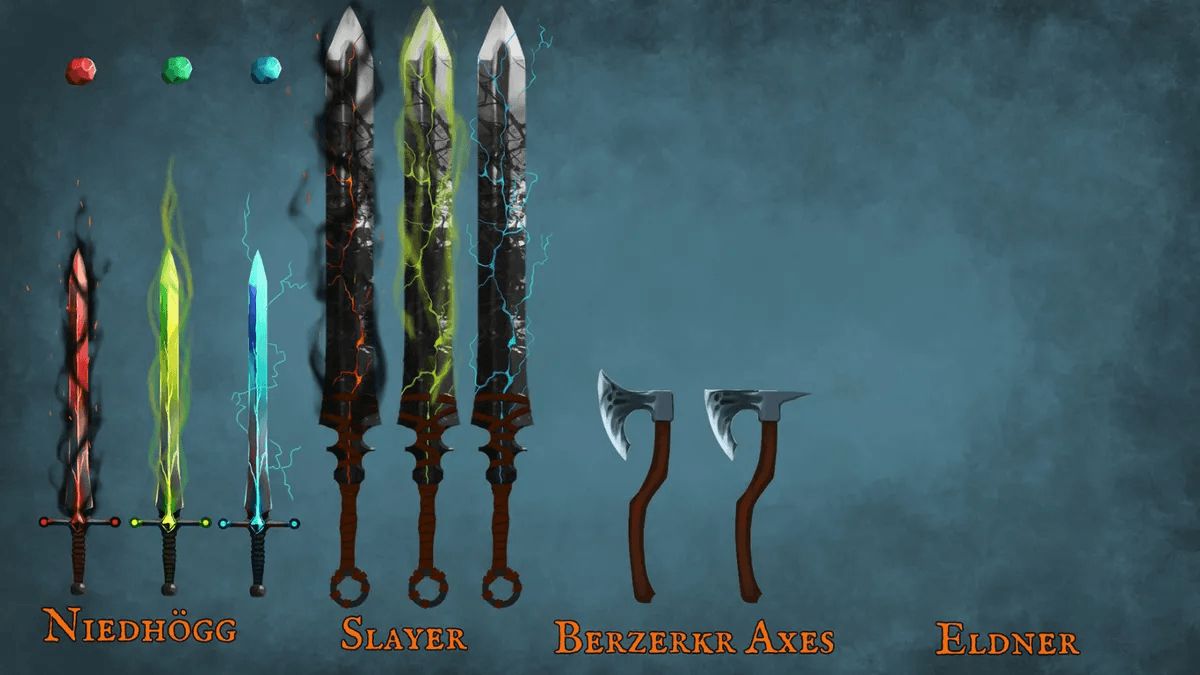 Valheim Ashlands weapons are glowing red, green, blue, with colorful auras swirling around them. Valheim Ashlands weapons are glowing red, green, blue, with colorful auras swirling around them.