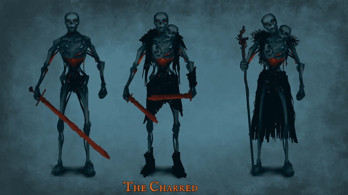 Creepy-looking skeletons called The Charred - a new Valheim Ashlands enemy. Creepy-looking skeletons called The Charred - a new Valheim Ashlands enemy.