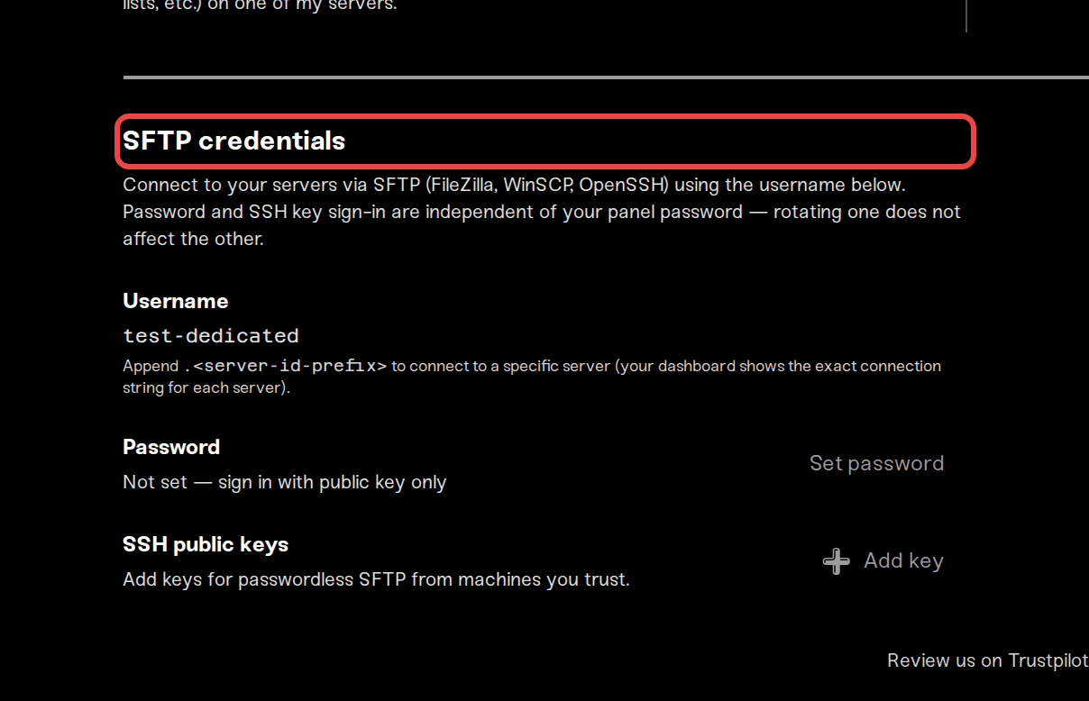 The SFTP credentials section in account settings, showing the username, password, and SSH key rows