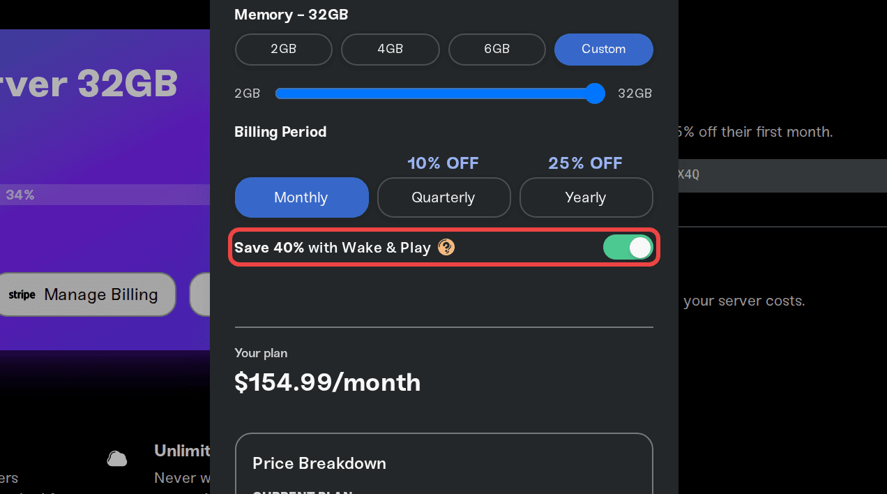 The Save 40% with Wake & Play toggle in the Change Plan modal