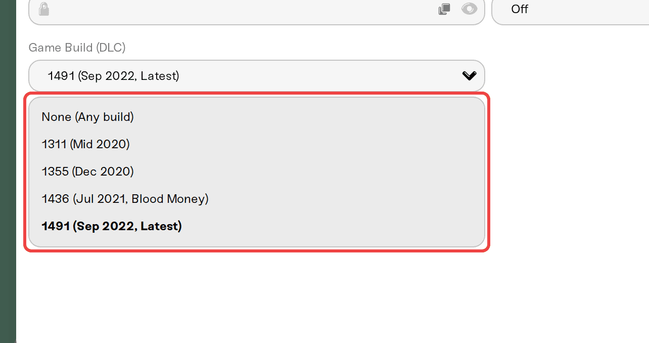 The Game Build (DLC) dropdown open on a RedM server The Game Build (DLC) dropdown open on a RedM server