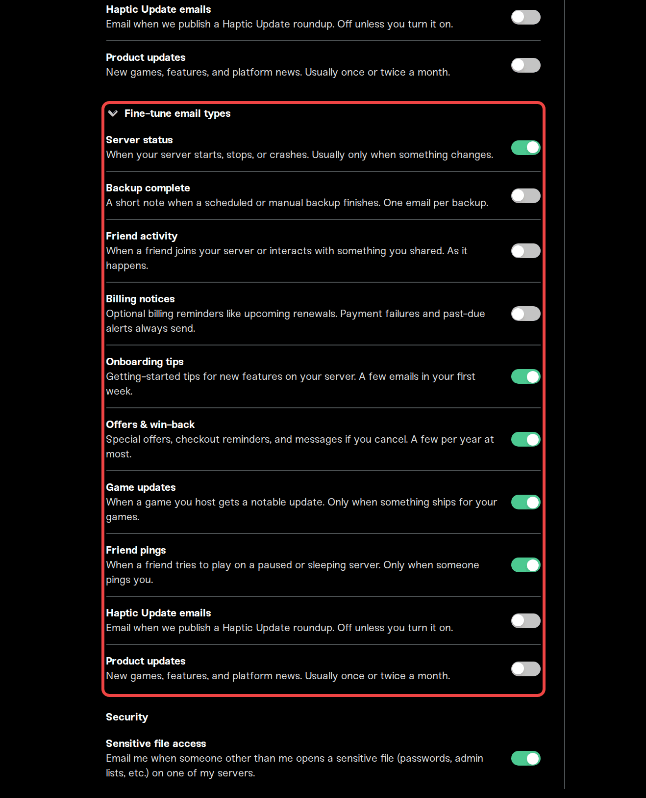 The expanded Fine-tune email types list The expanded Fine-tune email types list