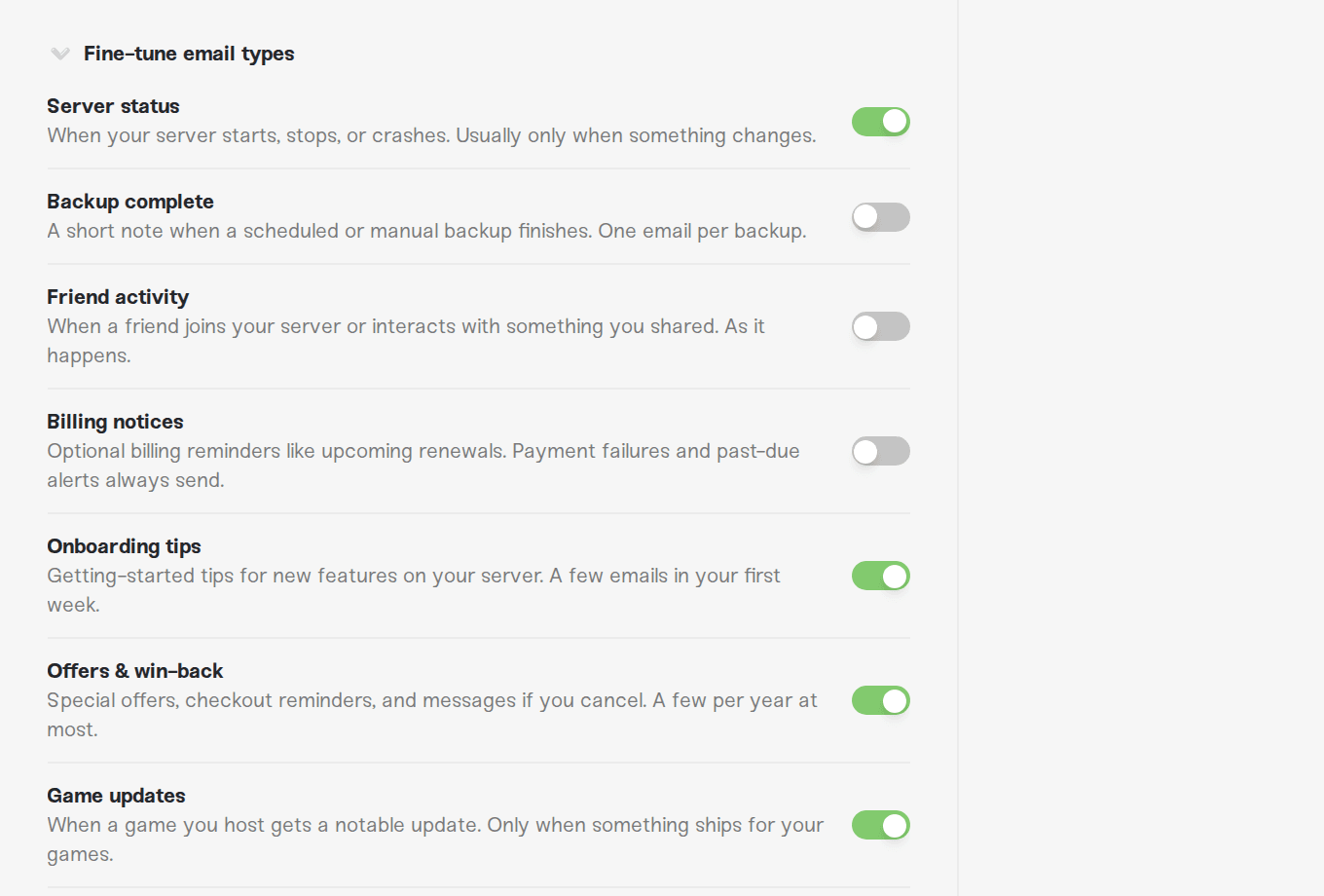 The expanded Fine-tune email types list The expanded Fine-tune email types list