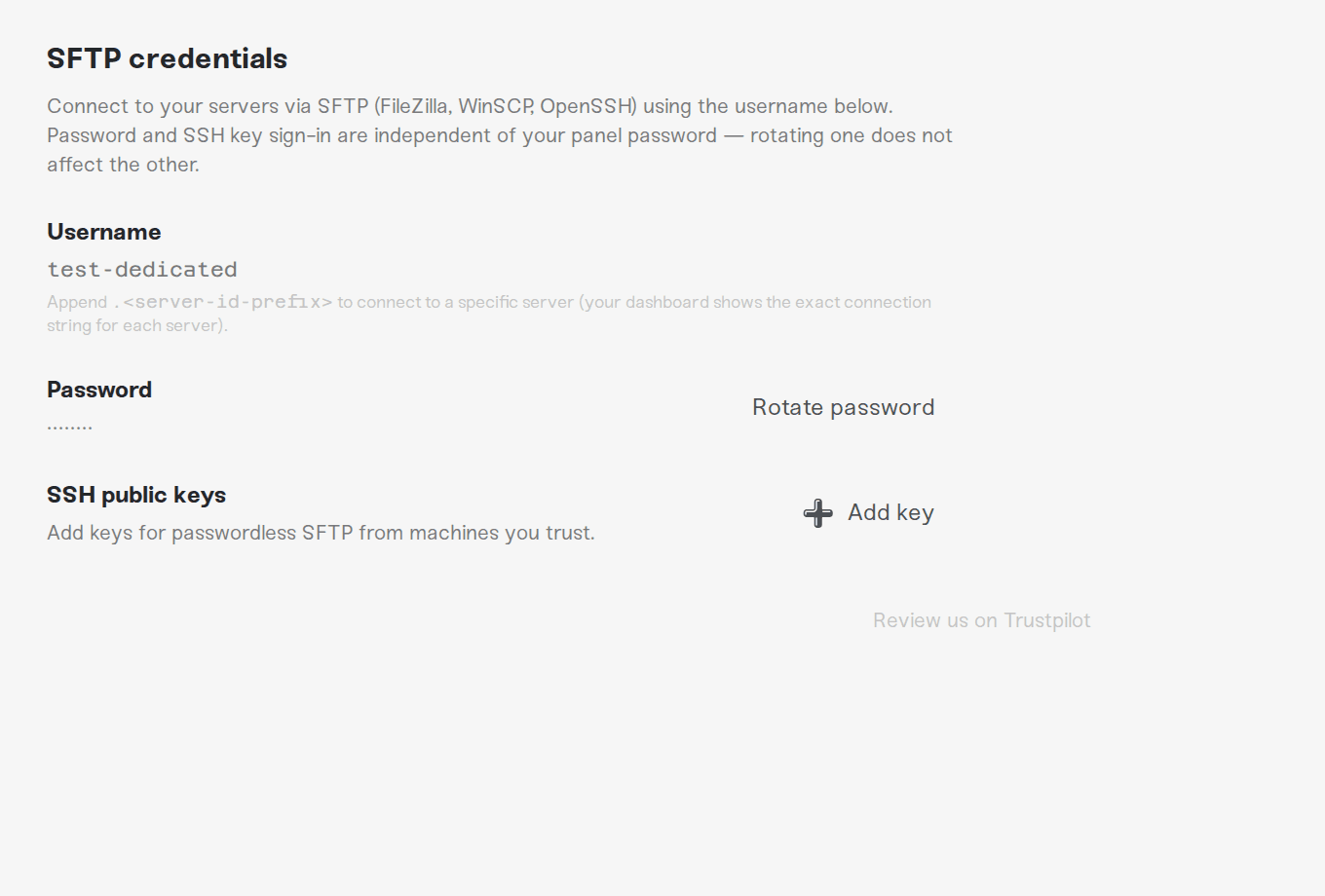 The SFTP credentials section in account settings, showing the username, password, and SSH key rows