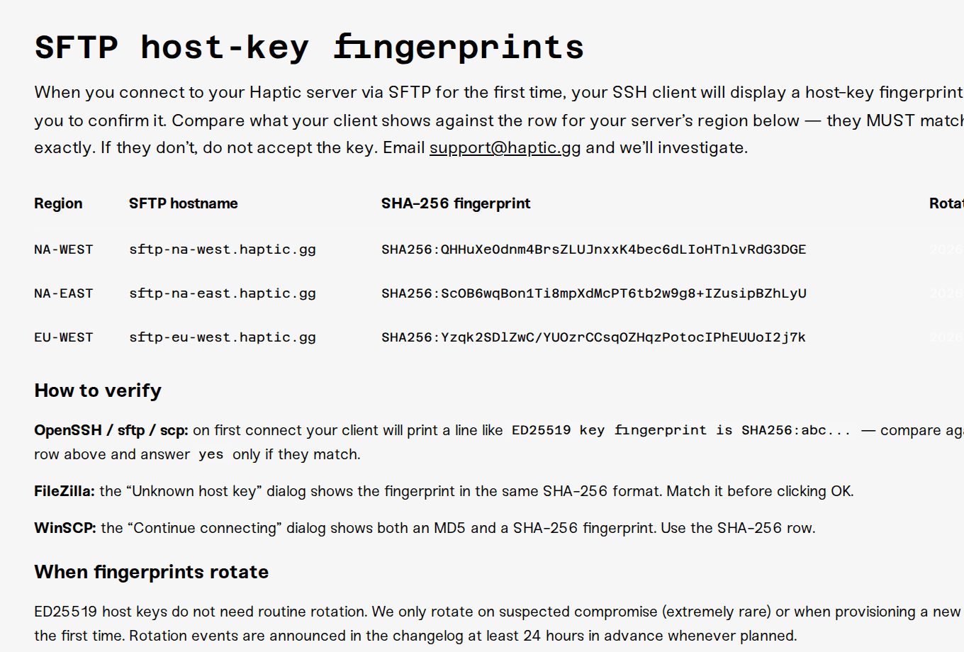 The fingerprint table on the SFTP host-key fingerprints page The fingerprint table on the SFTP host-key fingerprints page