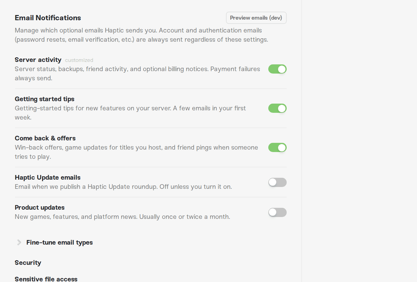 The five main email toggles The five main email toggles