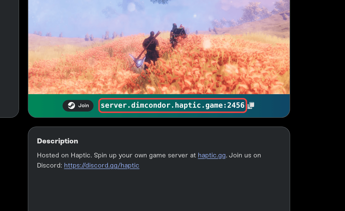 The public page while Online, showing only the join address The public page while Online, showing only the join address