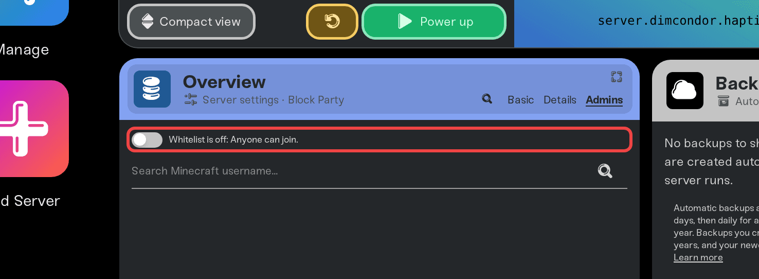 The whitelist toggle at the top of the Admins tab The whitelist toggle at the top of the Admins tab