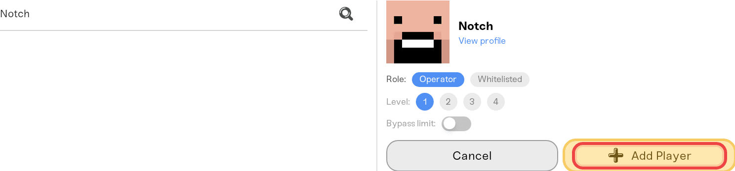 Operator role selected and the Add Player button highlighted