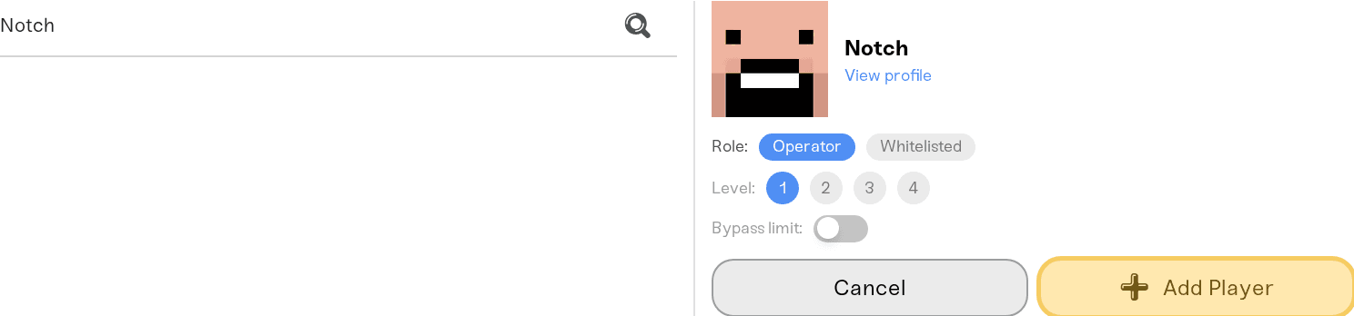 Admins tab search box with a found player profile