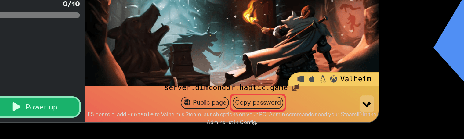 The Copy password pill in the server card's address shortcuts The Copy password pill in the server card's address shortcuts