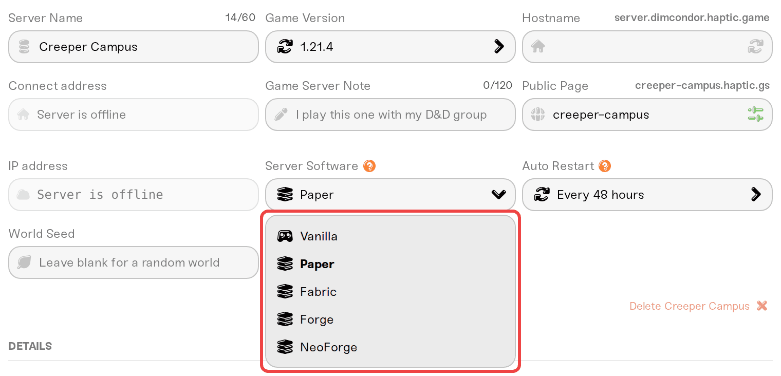 Server Software picker in the expanded Overview card Server Software picker in the expanded Overview card