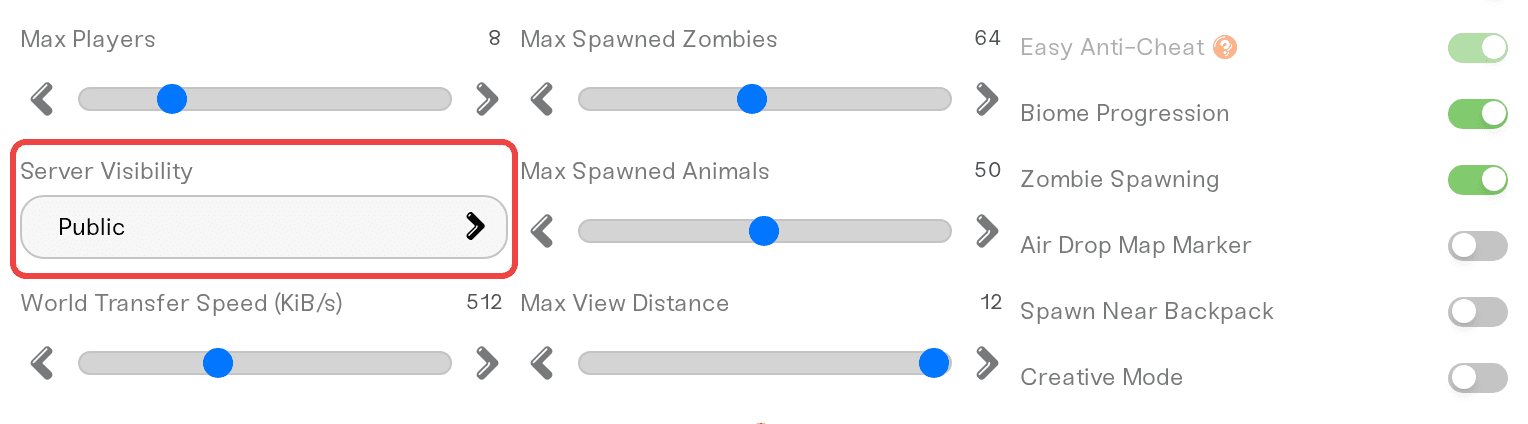 Server Visibility set to Public so console players can find the server Server Visibility set to Public so console players can find the server