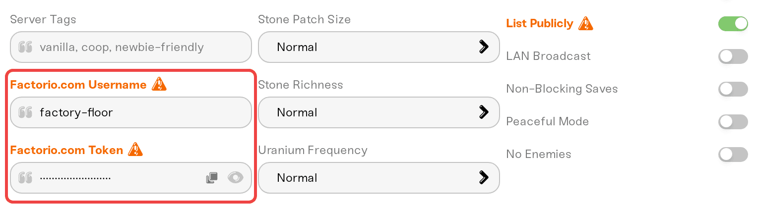 The Factorio.com Username and Token fields that appear once List Publicly is ticked The Factorio.com Username and Token fields that appear once List Publicly is ticked