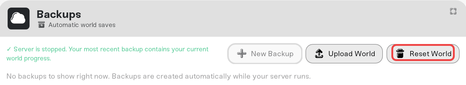 The Reset World button in the Backups card The Reset World button in the Backups card