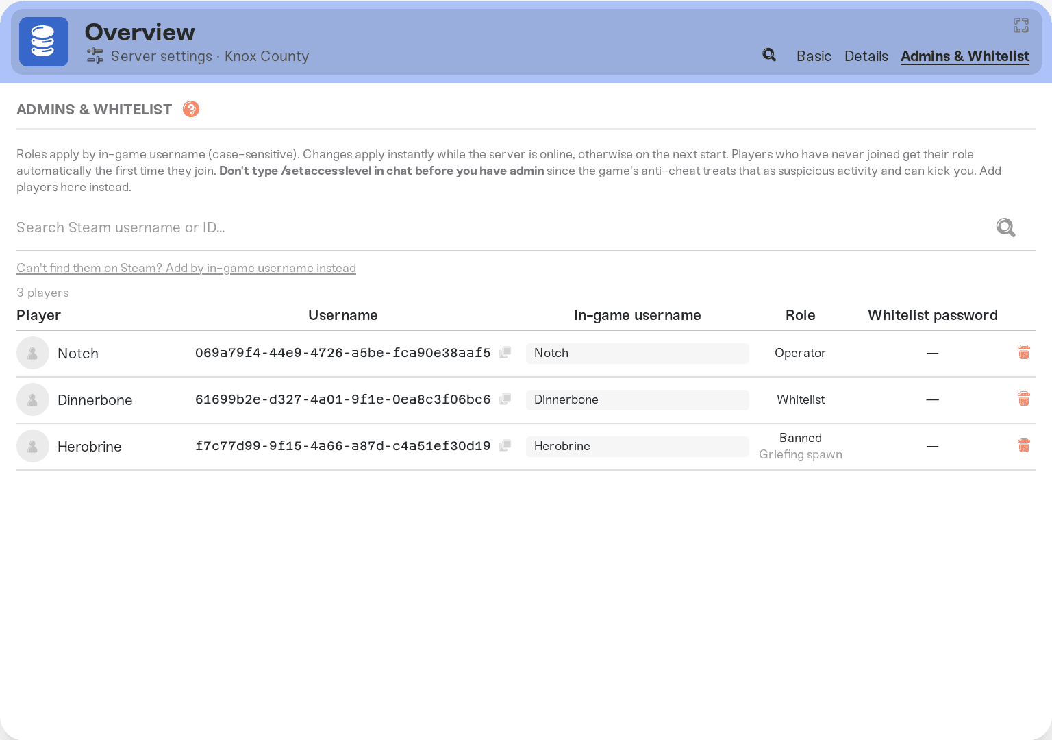The Admins & Whitelist tab on a Project Zomboid server The Admins & Whitelist tab on a Project Zomboid server