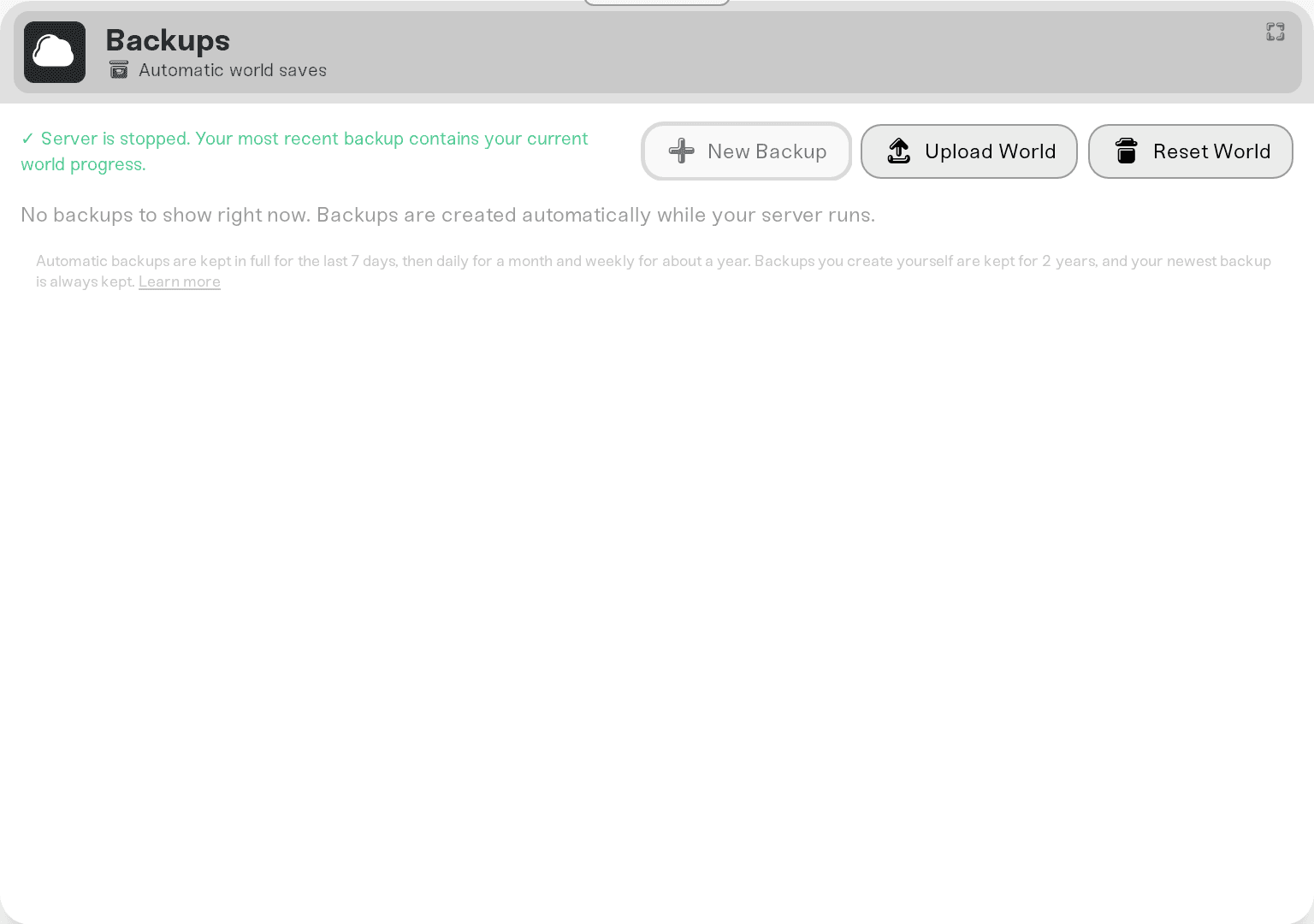 Reset World button in the Backups card header Reset World button in the Backups card header