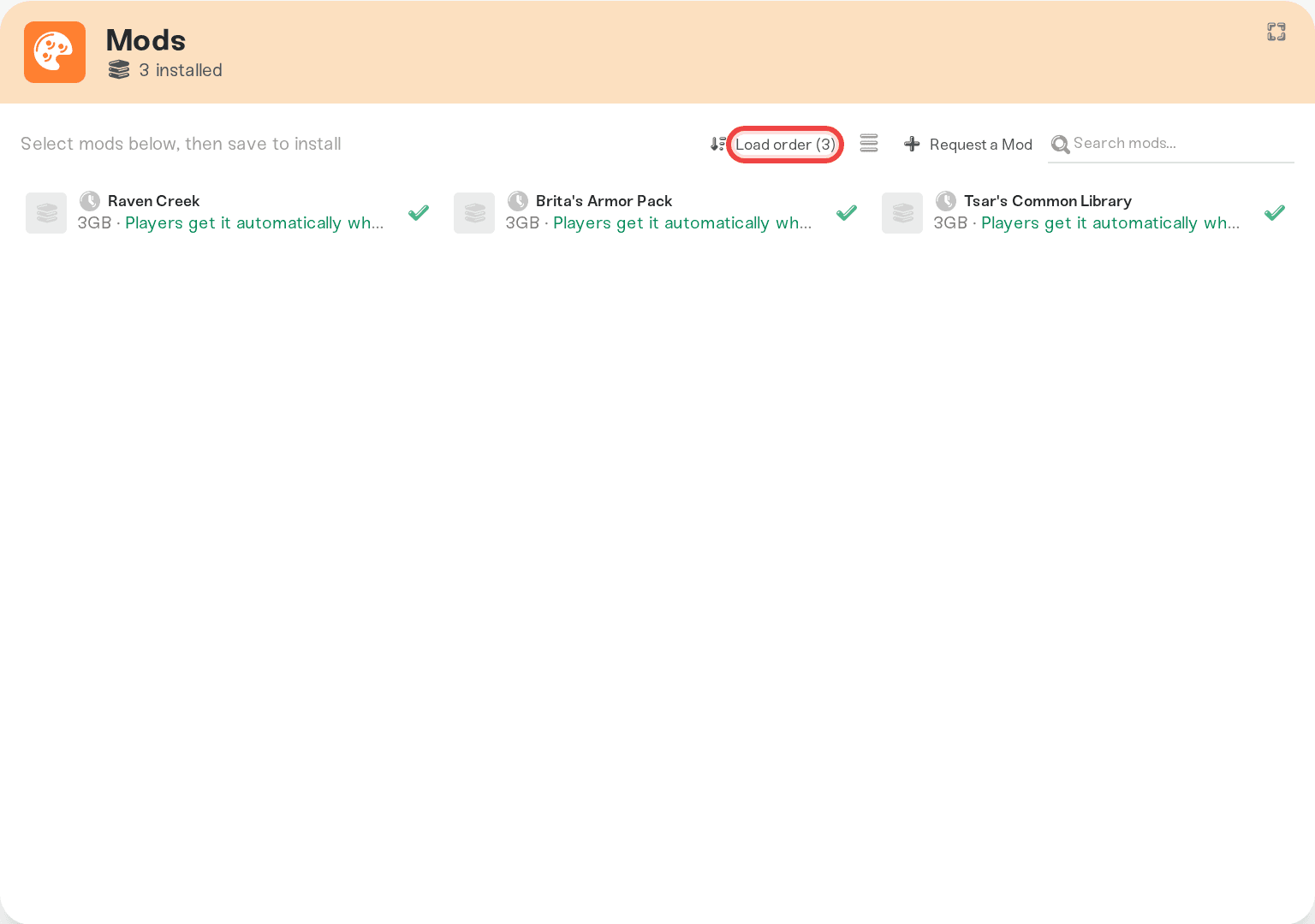The Load order button at the top of the Mods card The Load order button at the top of the Mods card