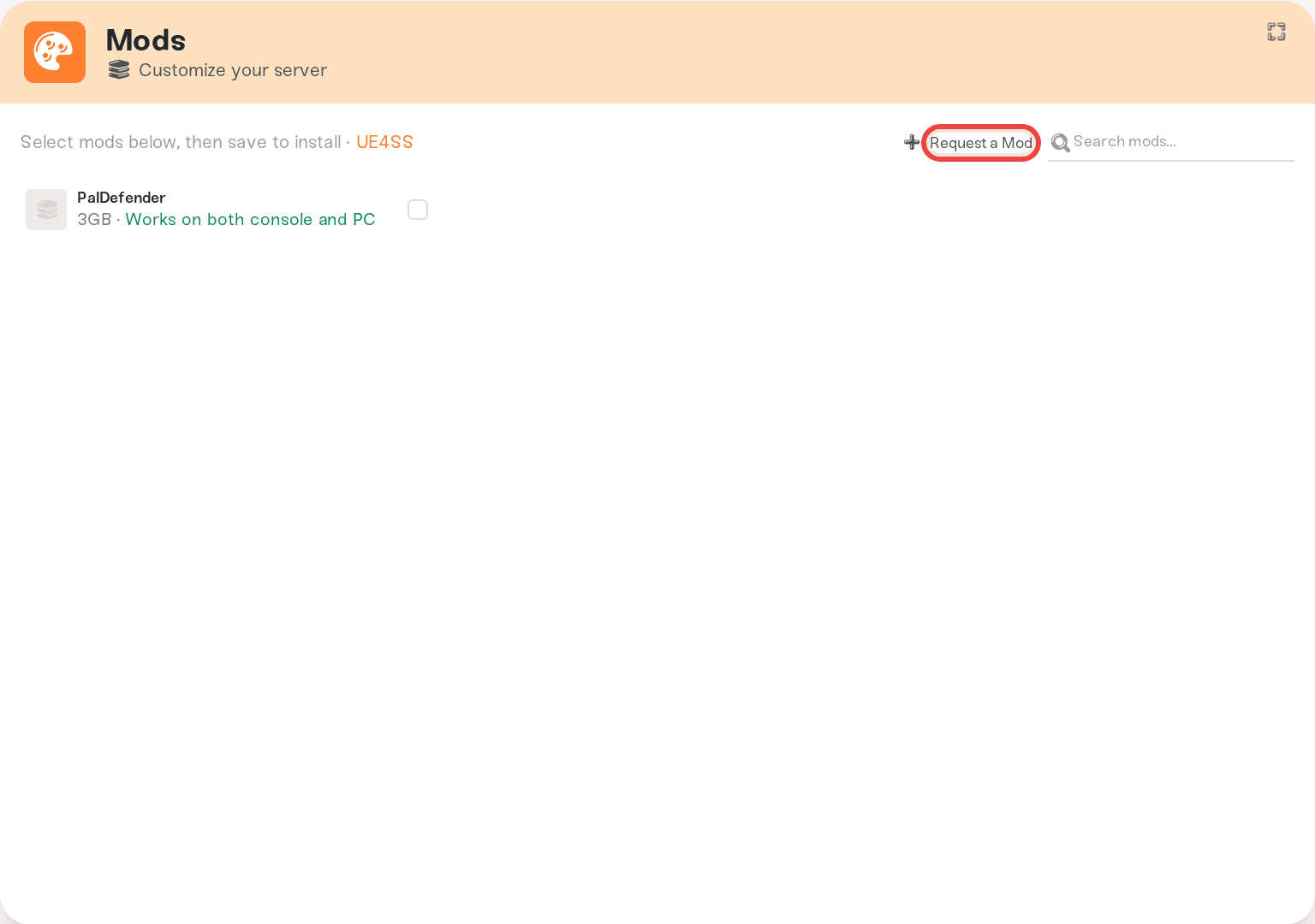 Request a Mod button at the top of the expanded Mods panel