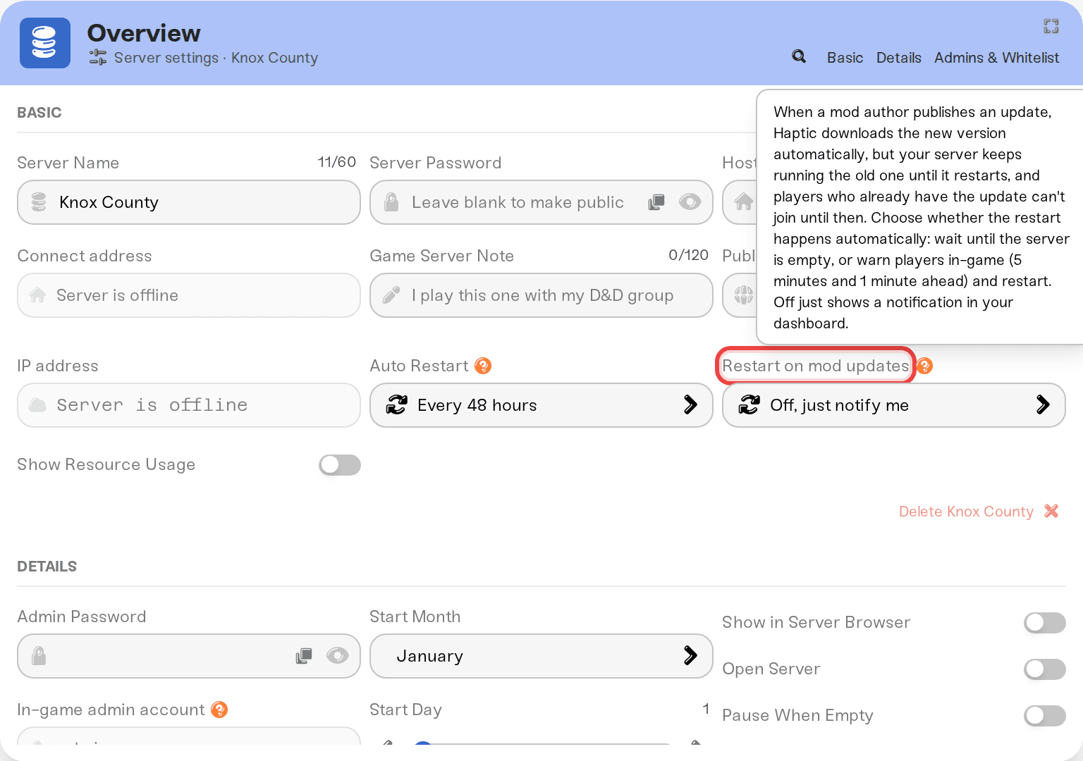 The Restart on mod updates dropdown open next to Auto Restart, showing Off just notify me, When the server is empty, and After a 5-minute warning The Restart on mod updates dropdown open next to Auto Restart, showing Off just notify me, When the server is empty, and After a 5-minute warning
