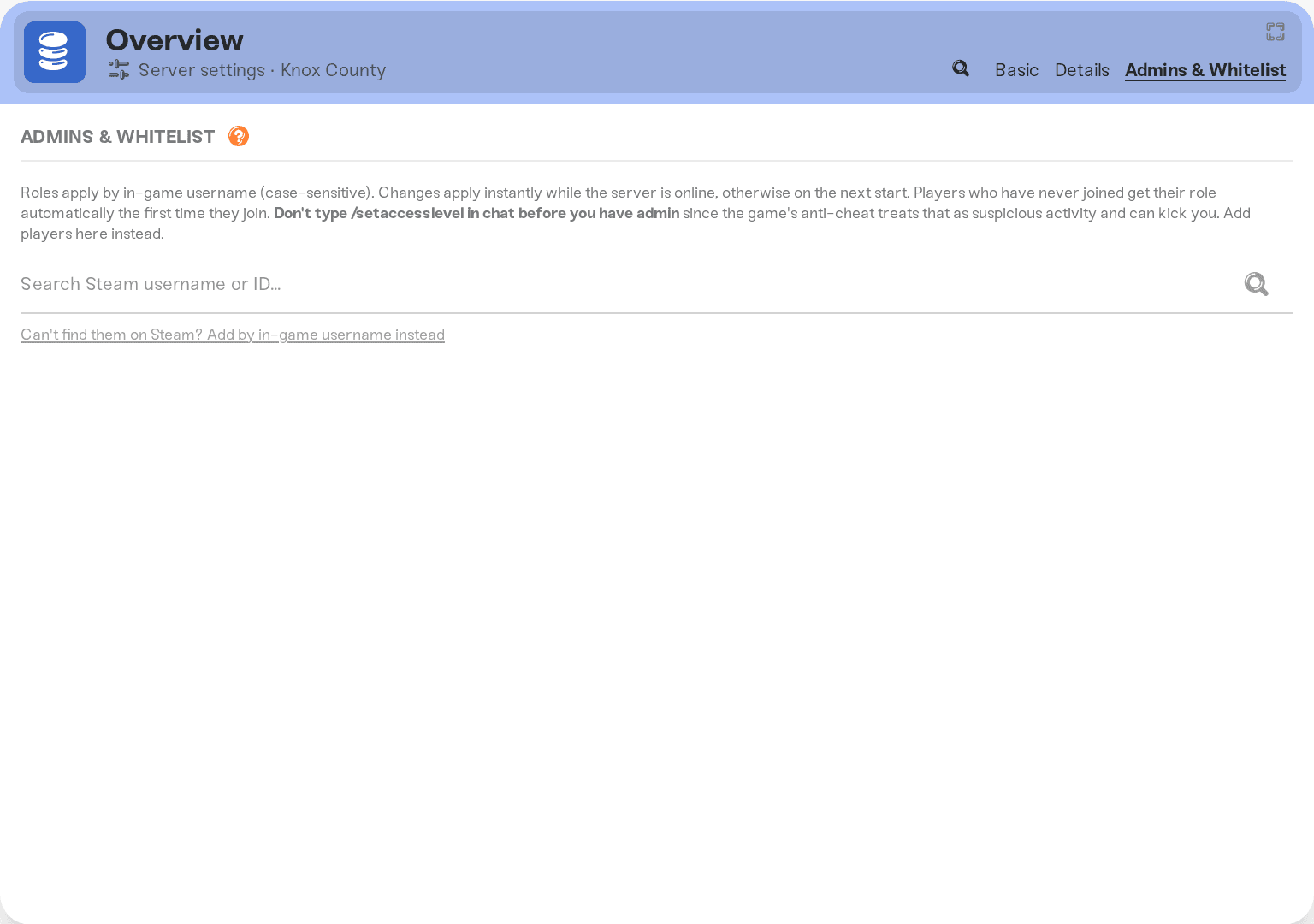 Server settings with the Admins & Whitelist tab highlighted, showing the player search bar underneath