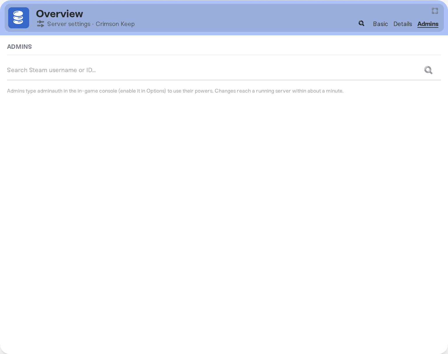 The Admins tab of a V Rising server's settings The Admins tab of a V Rising server's settings