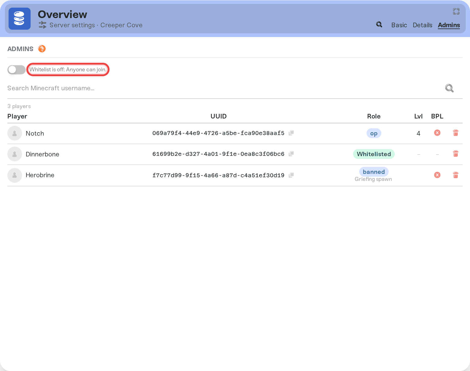 The whitelist toggle at the top of the Admins tab The whitelist toggle at the top of the Admins tab
