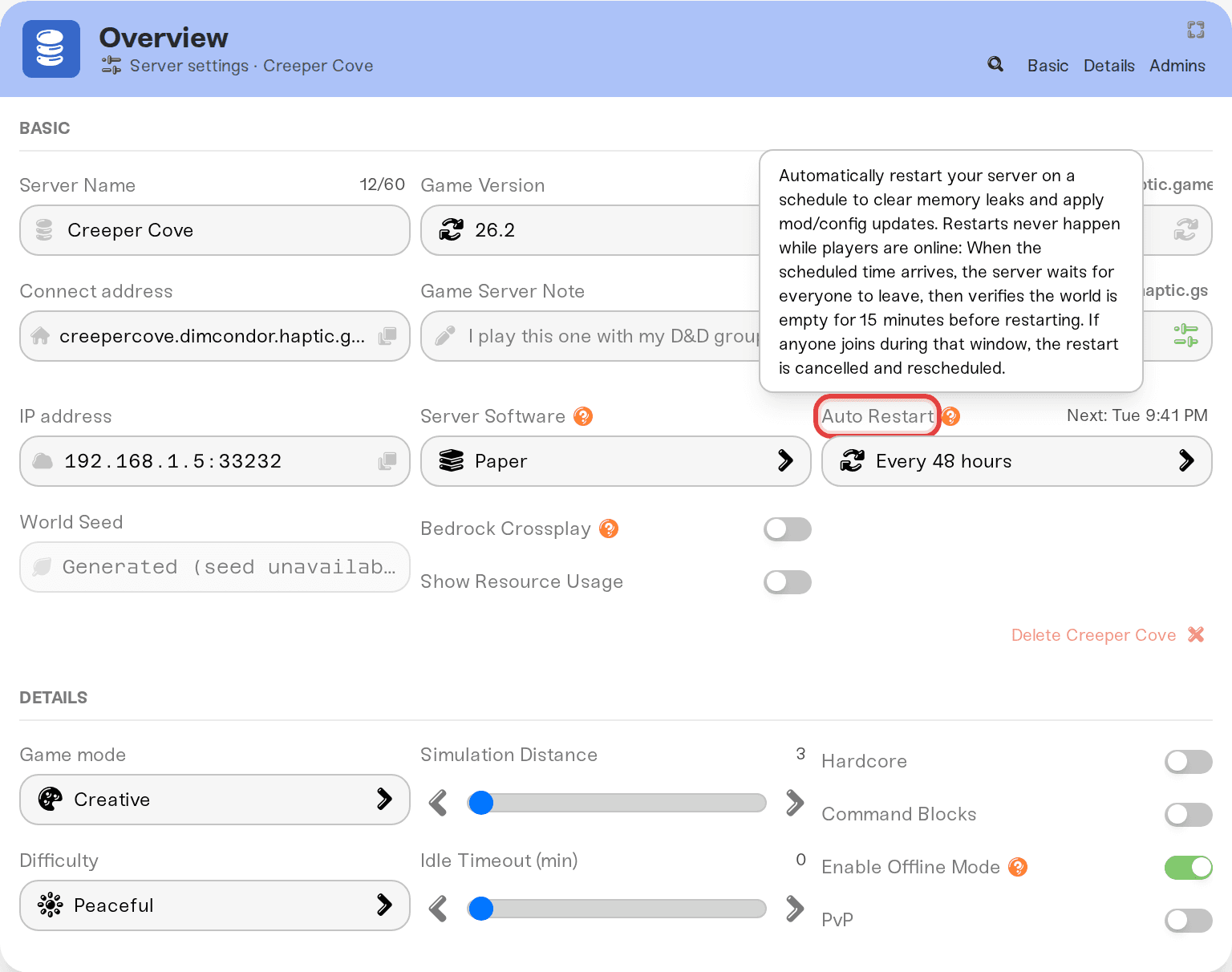 The Auto Restart dropdown open with its interval options