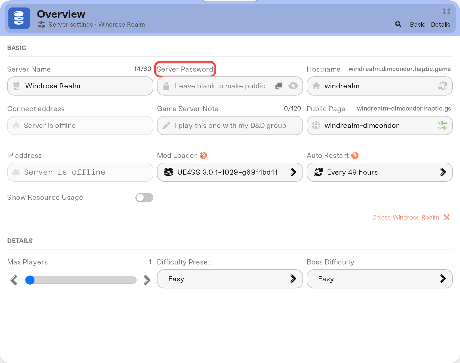 The Server Password field in the Basic tab of the Overview card The Server Password field in the Basic tab of the Overview card