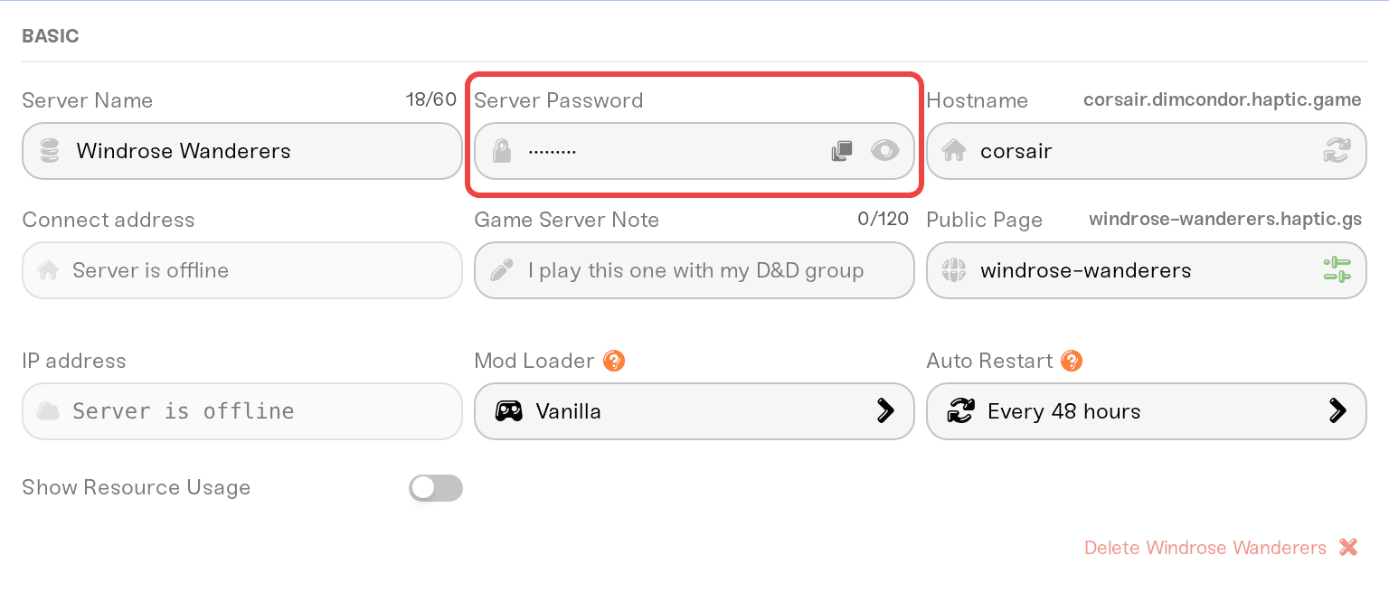 The Server Password field in the Basic tab of the Overview card The Server Password field in the Basic tab of the Overview card