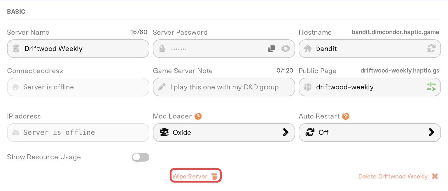 The orange Wipe Server button at the bottom of the Overview card of a stopped Rust server The orange Wipe Server button at the bottom of the Overview card of a stopped Rust server