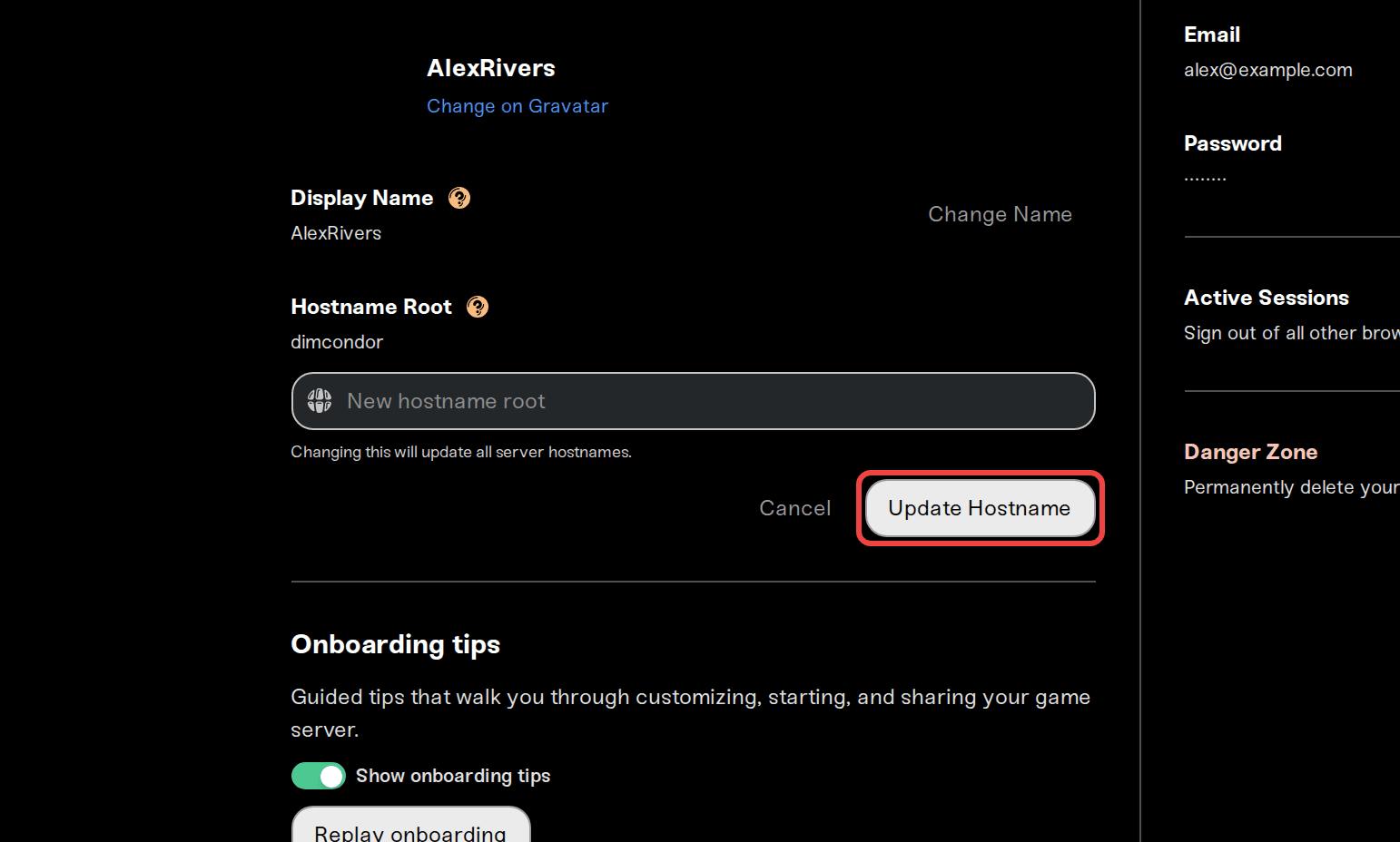 The inline editor with the New hostname root input and Update Hostname button The inline editor with the New hostname root input and Update Hostname button