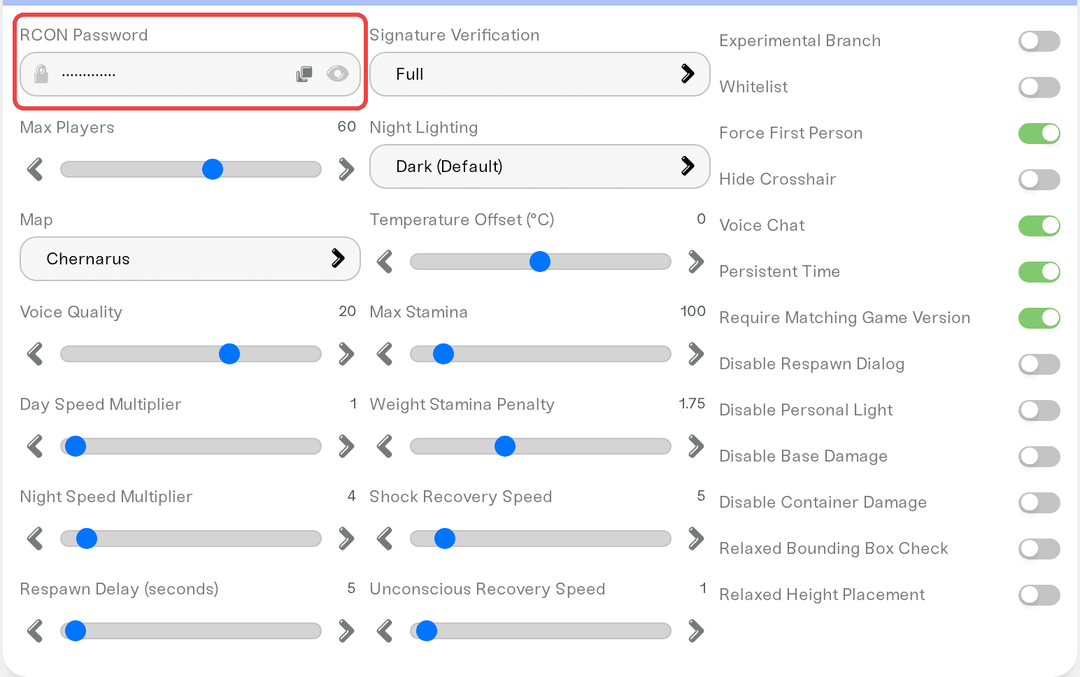 RCON Password field on the Details tab with the copy and eye buttons RCON Password field on the Details tab with the copy and eye buttons