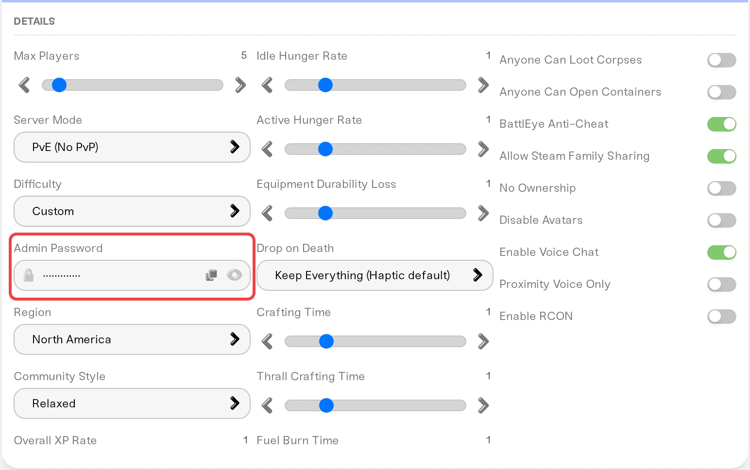 Admin Password field in the Details tab, with the eye icon and copy button