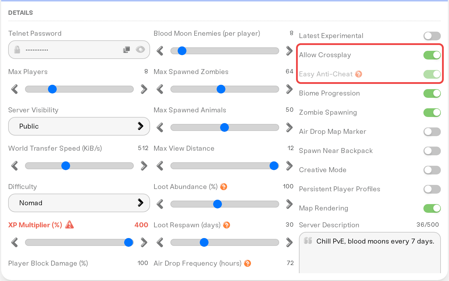 Allow Crossplay switched on, with Easy Anti-Cheat greyed out and locked on Allow Crossplay switched on, with Easy Anti-Cheat greyed out and locked on