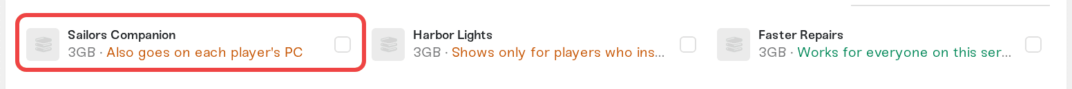A Windrose mod row in the Mods card with its install checkbox and reach label A Windrose mod row in the Mods card with its install checkbox and reach label