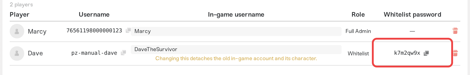 A whitelist player's row in the Admins & Whitelist tab with the generated Whitelist password and its copy button A whitelist player's row in the Admins & Whitelist tab with the generated Whitelist password and its copy button