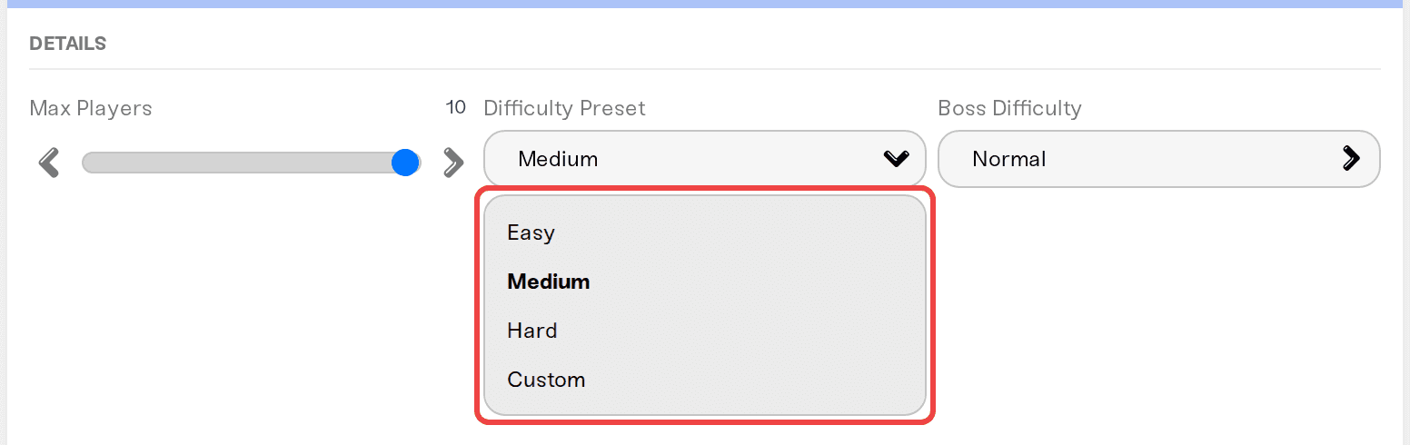 The Difficulty Preset dropdown open, showing Easy, Medium, Hard, and Custom The Difficulty Preset dropdown open, showing Easy, Medium, Hard, and Custom