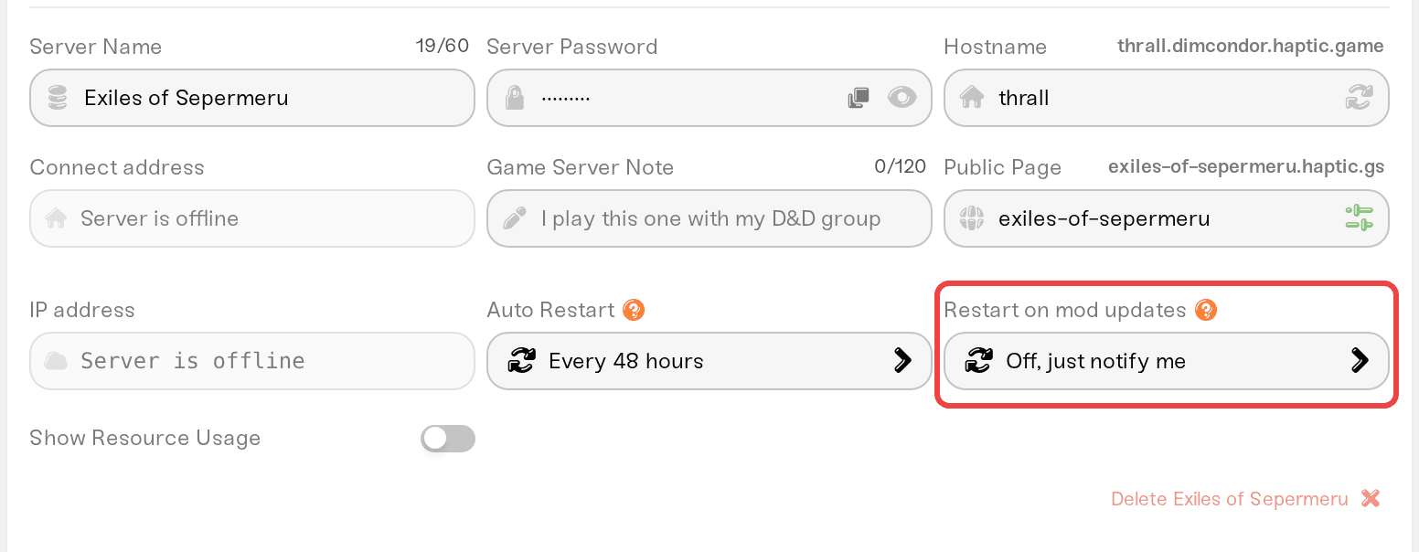The Restart on mod updates dropdown in the expanded Overview card The Restart on mod updates dropdown in the expanded Overview card