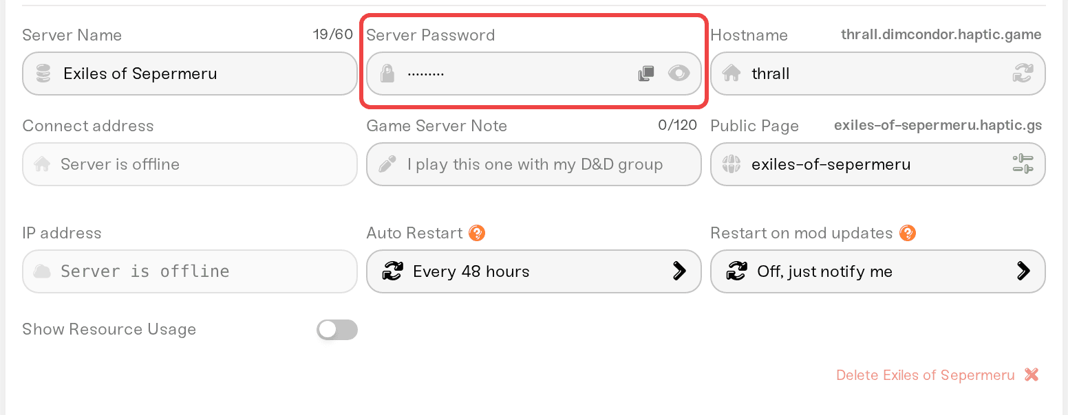 The Server Password field in the Basic tab