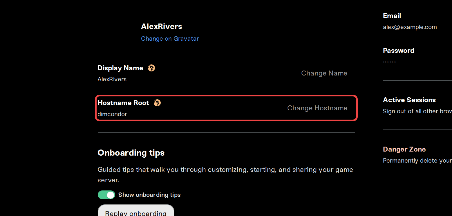 The Hostname Root row in Account Settings The Hostname Root row in Account Settings