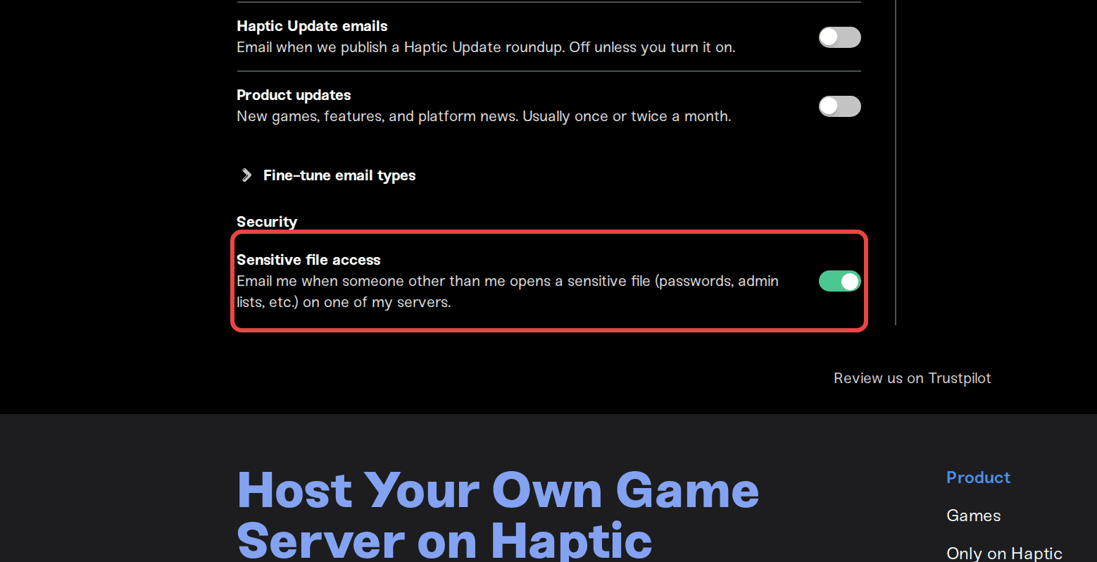 The Sensitive file access toggle under the Security heading The Sensitive file access toggle under the Security heading