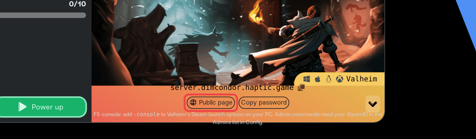The Public page pill in the shortcut row, which opens your shareable server page The Public page pill in the shortcut row, which opens your shareable server page
