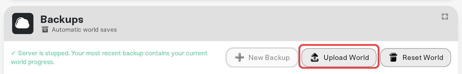 Upload World button in the Backups card of a Satisfactory server Upload World button in the Backups card of a Satisfactory server
