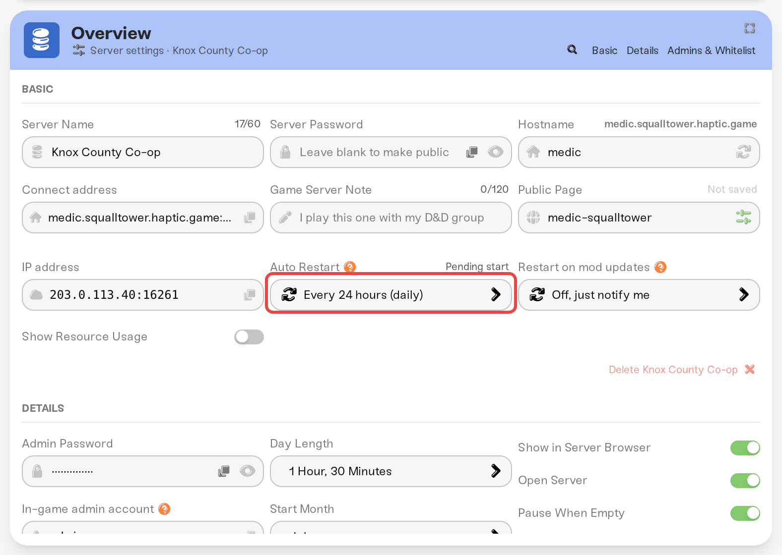 Auto Restart set to Every 24 hours (daily) in the expanded Overview settings Auto Restart set to Every 24 hours (daily) in the expanded Overview settings