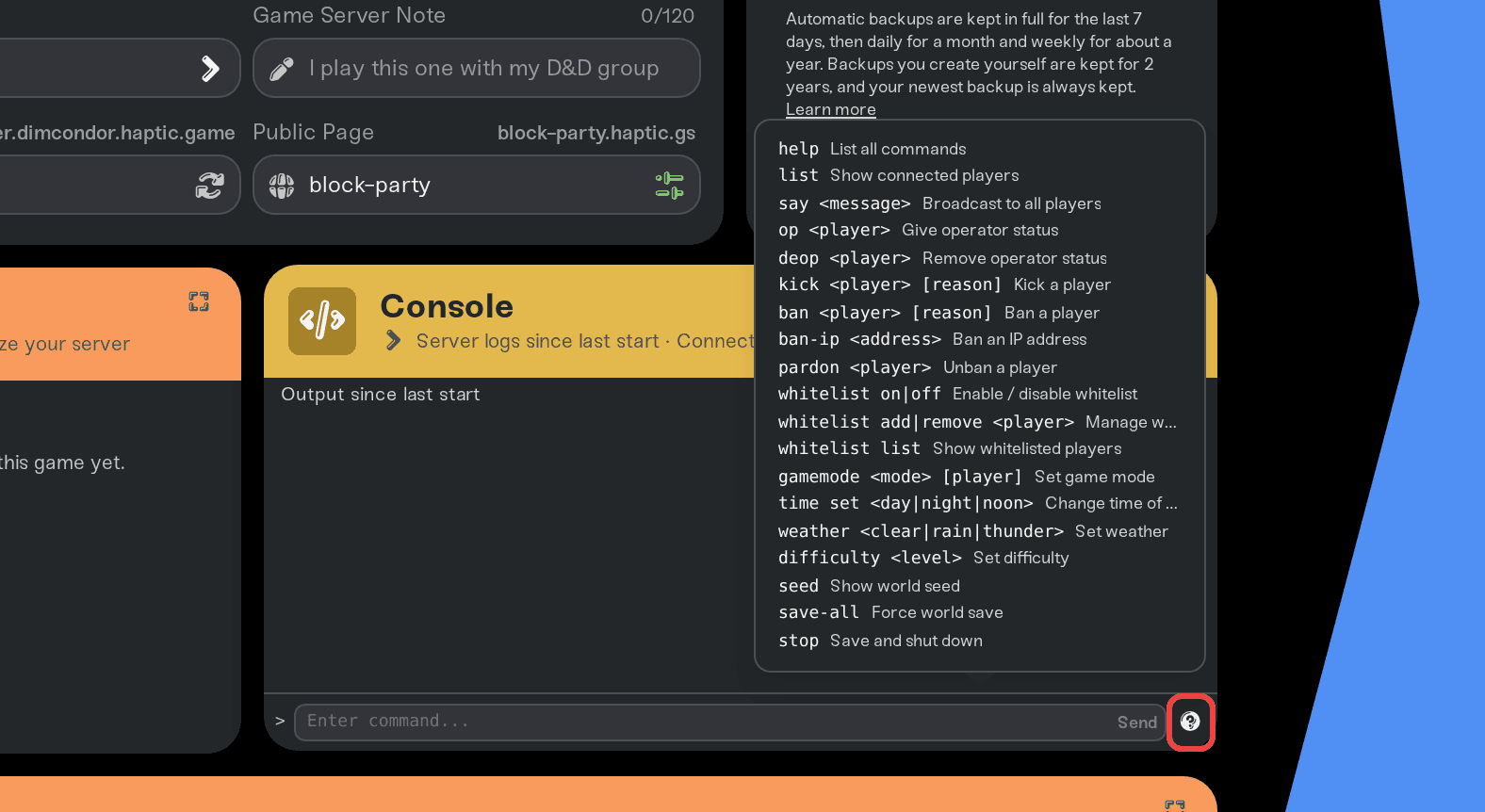 The per-game command reference tooltip on a Minecraft server The per-game command reference tooltip on a Minecraft server